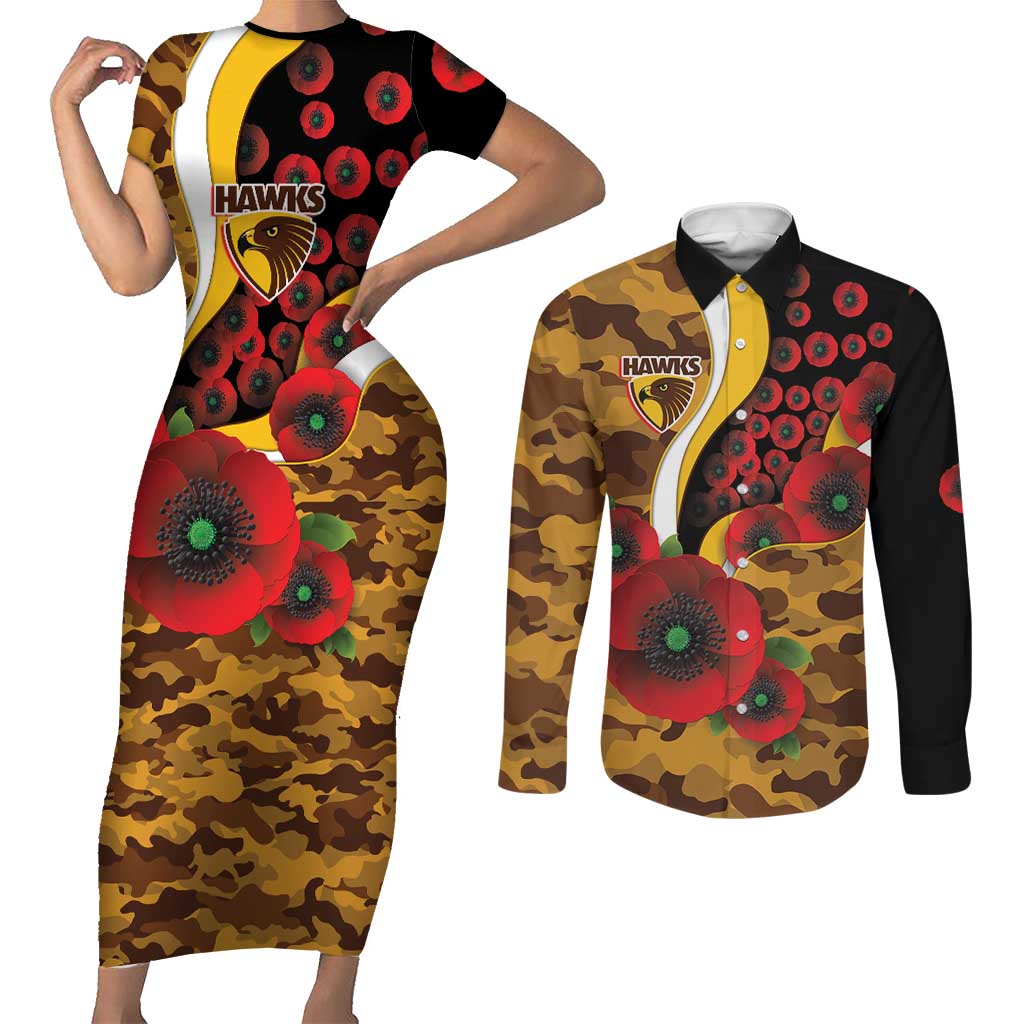 Hawthorn Hawks ANZAC Personalised Couples Matching Short Sleeve Bodycon Dress and Long Sleeve Button Shirt Lest We Forget Poppy Camo