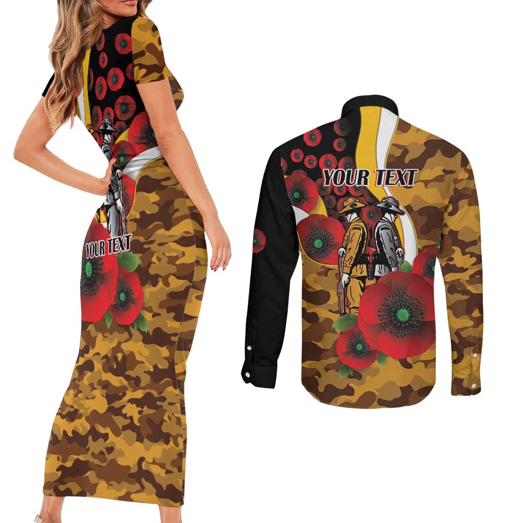 Hawthorn Hawks ANZAC Personalised Couples Matching Short Sleeve Bodycon Dress and Long Sleeve Button Shirt Lest We Forget Poppy Camo