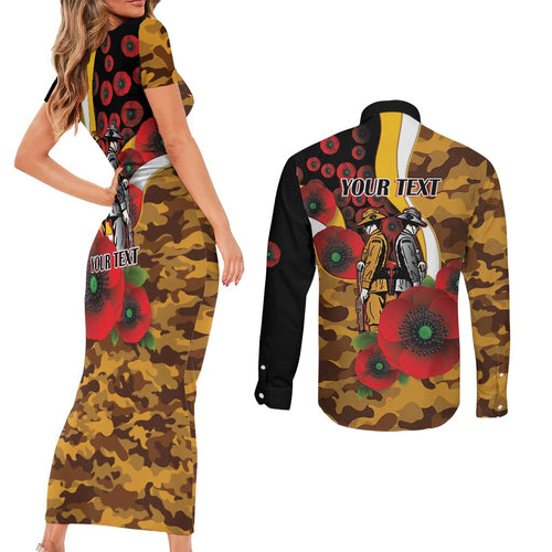 Hawthorn Hawks ANZAC Personalised Couples Matching Short Sleeve Bodycon Dress and Long Sleeve Button Shirt Lest We Forget Poppy Camo
