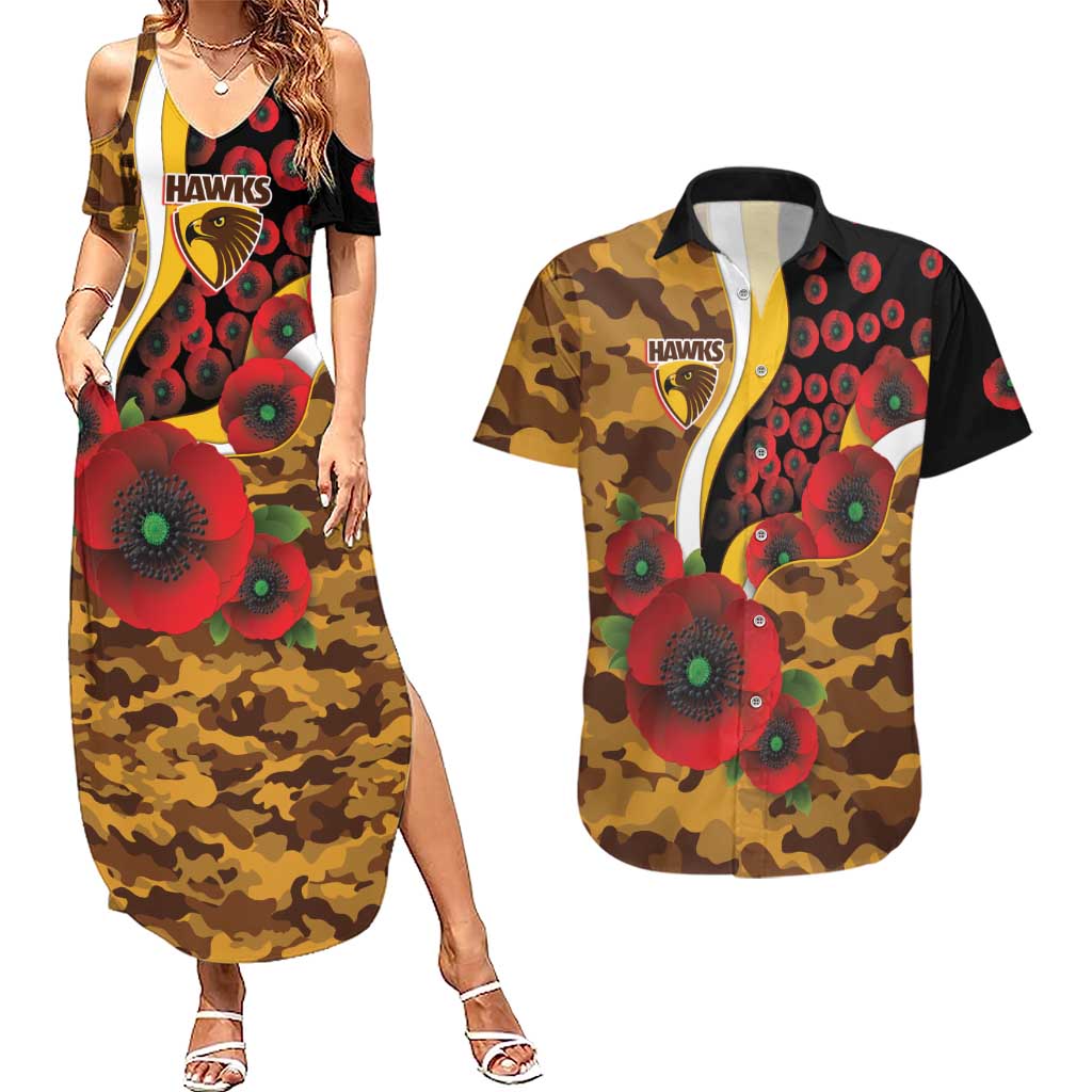 Hawthorn Hawks ANZAC Personalised Couples Matching Summer Maxi Dress and Hawaiian Shirt Lest We Forget Poppy Camo