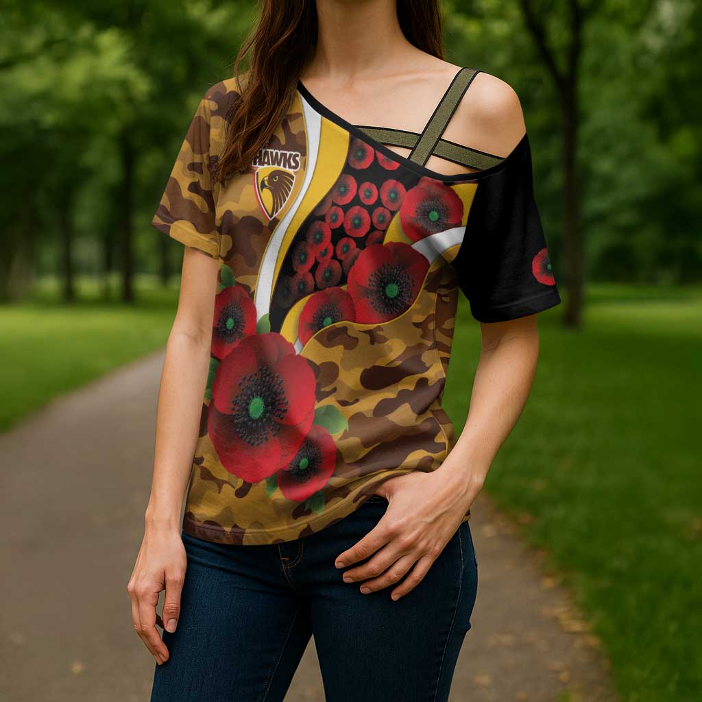 Hawthorn Hawks ANZAC Personalised Cross Shoulder Shirt Lest We Forget Poppy Camo