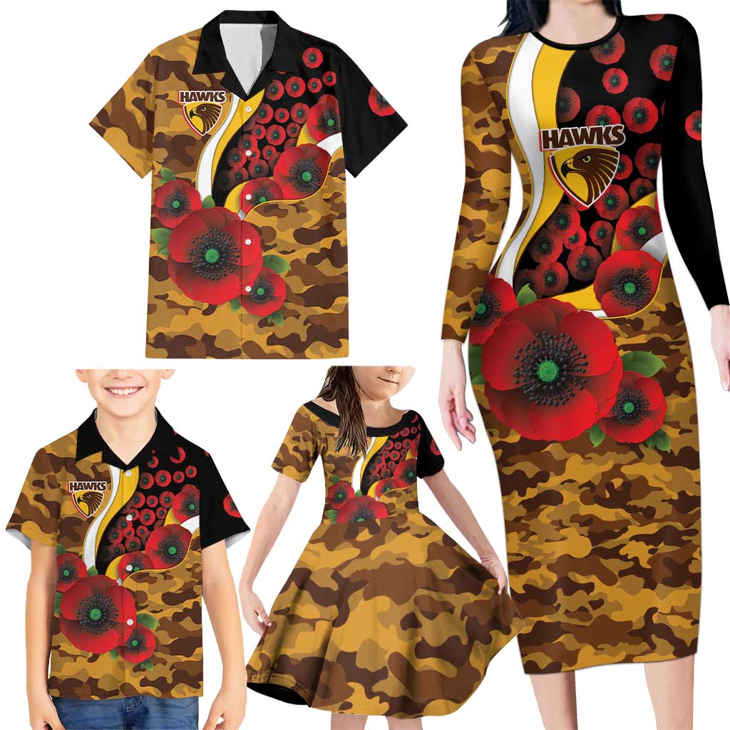 Hawthorn Hawks ANZAC Personalised Family Matching Long Sleeve Bodycon Dress and Hawaiian Shirt Lest We Forget Poppy Camo