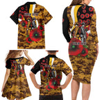 Hawthorn Hawks ANZAC Personalised Family Matching Long Sleeve Bodycon Dress and Hawaiian Shirt Lest We Forget Poppy Camo