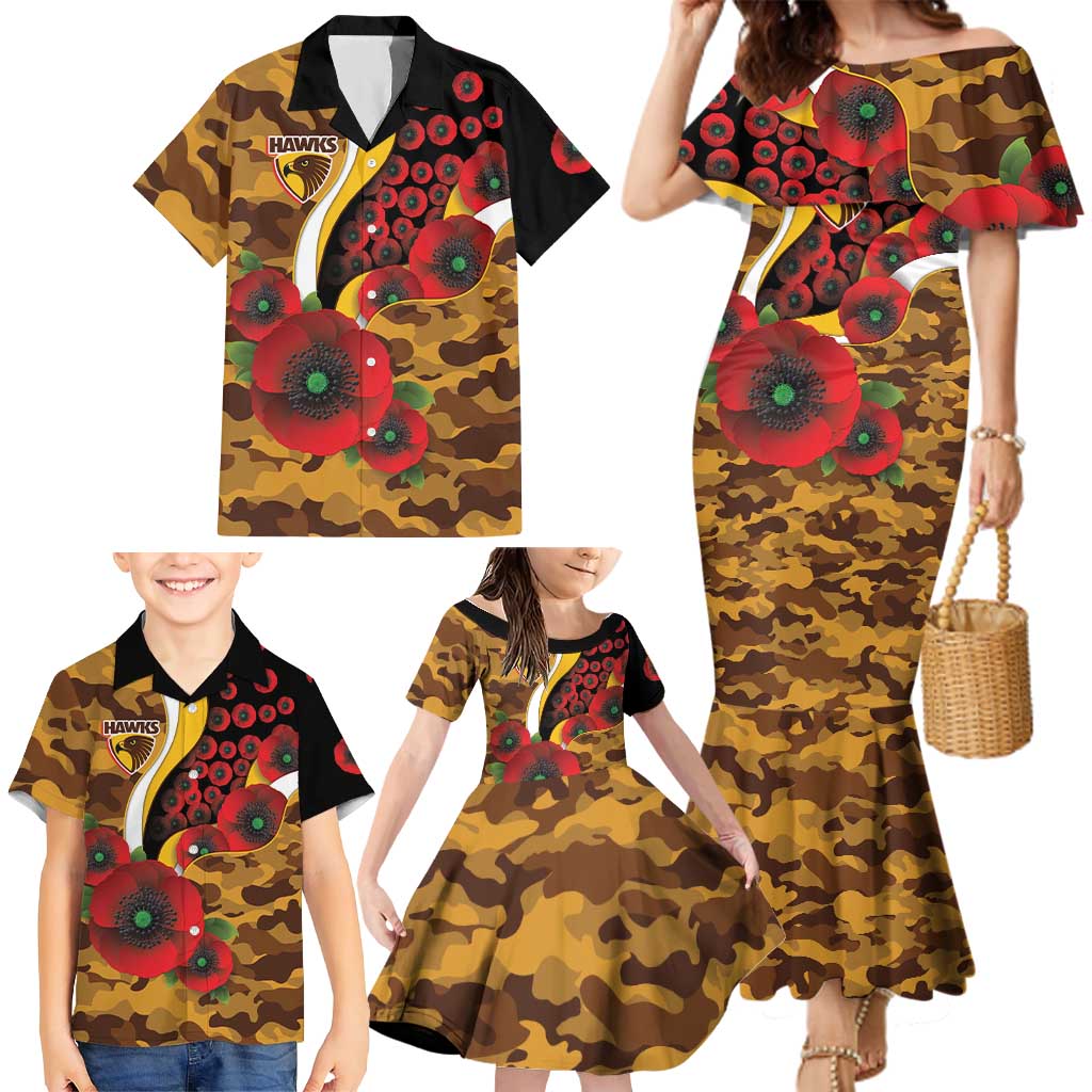 Hawthorn Hawks ANZAC Personalised Family Matching Mermaid Dress and Hawaiian Shirt Lest We Forget Poppy Camo