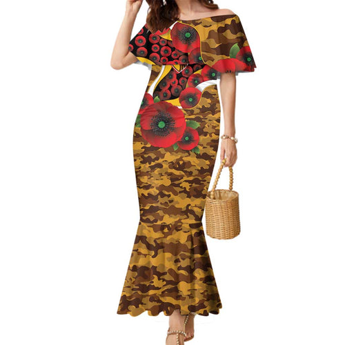 Hawthorn Hawks ANZAC Personalised Family Matching Mermaid Dress and Hawaiian Shirt Lest We Forget Poppy Camo