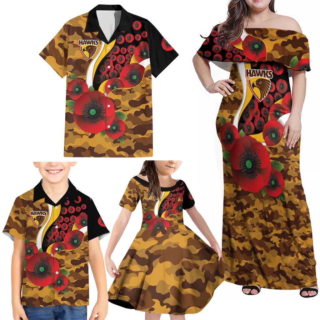 Hawthorn Hawks ANZAC Personalised Family Matching Off Shoulder Maxi Dress and Hawaiian Shirt Lest We Forget Poppy Camo