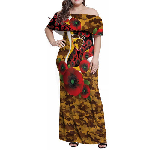 Hawthorn Hawks ANZAC Personalised Family Matching Off Shoulder Maxi Dress and Hawaiian Shirt Lest We Forget Poppy Camo