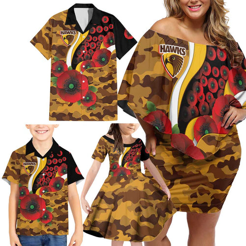 Hawthorn Hawks ANZAC Personalised Family Matching Off Shoulder Short Dress and Hawaiian Shirt Lest We Forget Poppy Camo