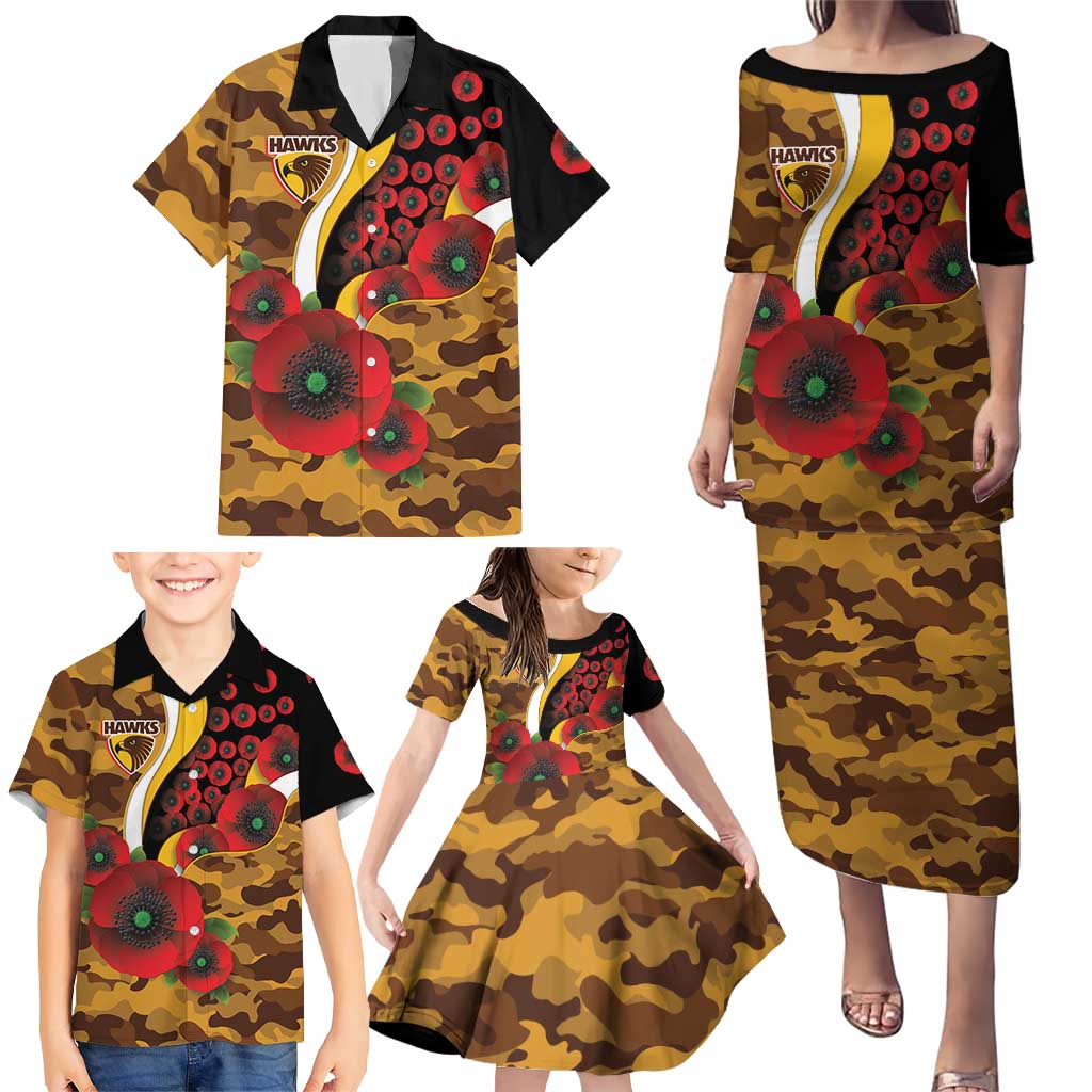 Hawthorn Hawks ANZAC Personalised Family Matching Puletasi and Hawaiian Shirt Lest We Forget Poppy Camo