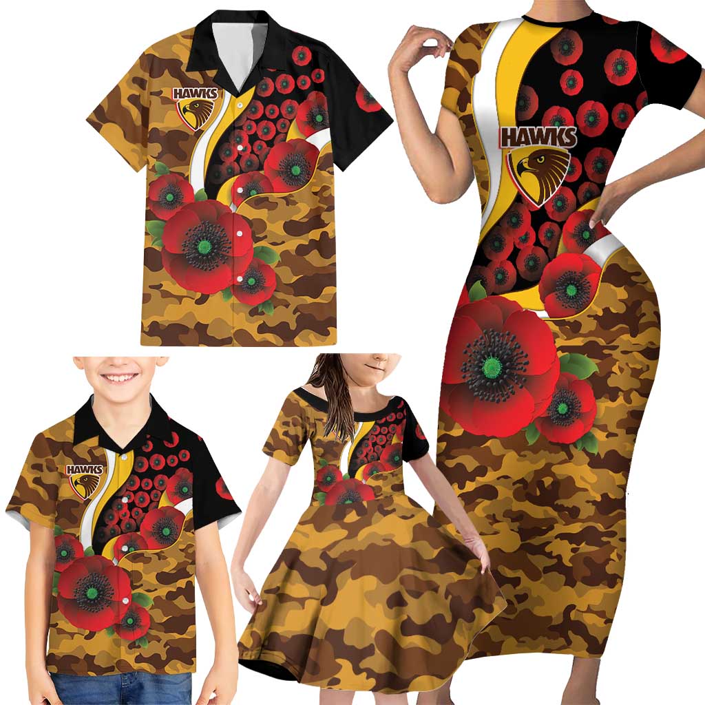 Hawthorn Hawks ANZAC Personalised Family Matching Short Sleeve Bodycon Dress and Hawaiian Shirt Lest We Forget Poppy Camo
