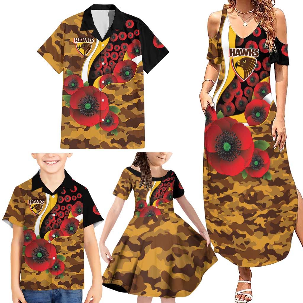Hawthorn Hawks ANZAC Personalised Family Matching Summer Maxi Dress and Hawaiian Shirt Lest We Forget Poppy Camo