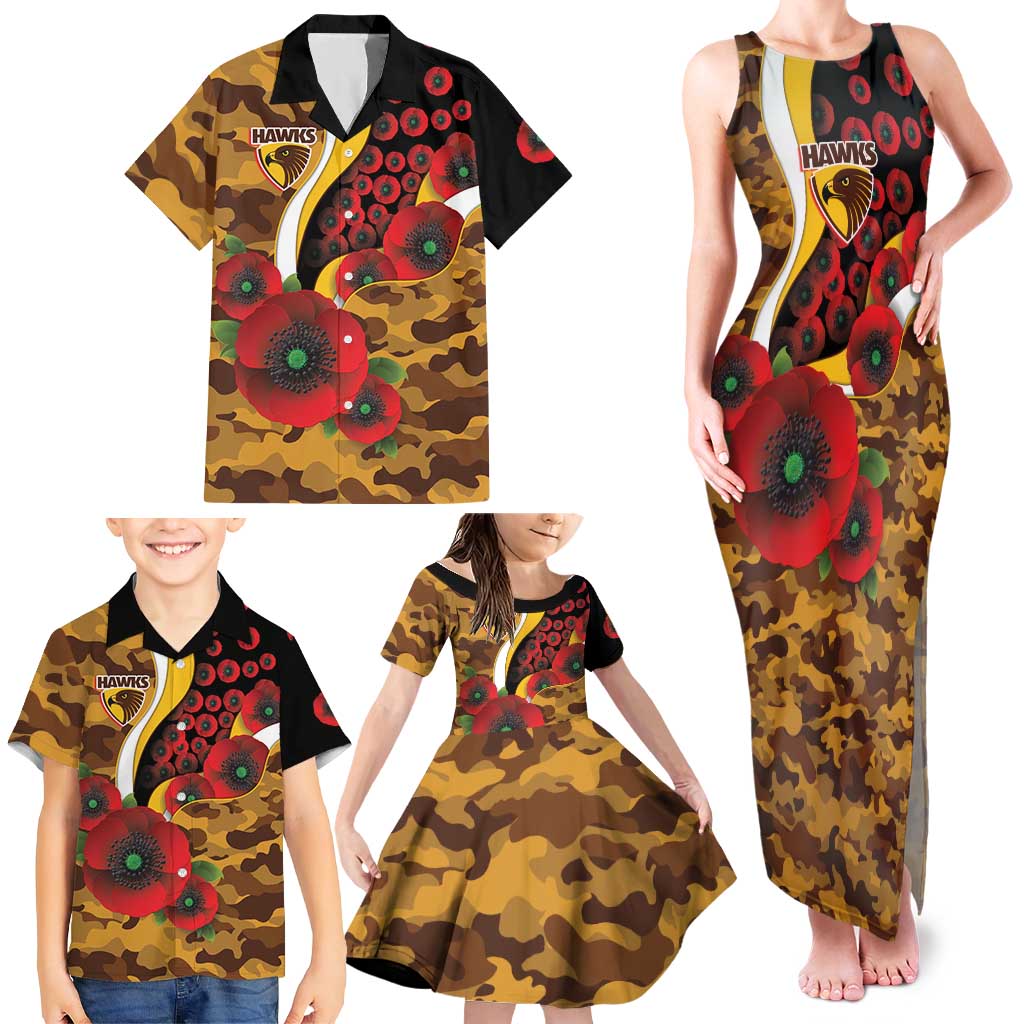 Hawthorn Hawks ANZAC Personalised Family Matching Tank Maxi Dress and Hawaiian Shirt Lest We Forget Poppy Camo