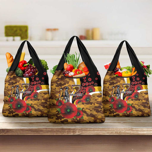 Hawthorn Hawks ANZAC Personalised Grocery Bag Lest We Forget Poppy Camo