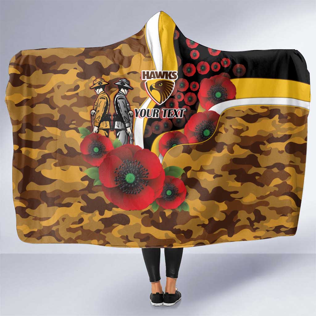 Hawthorn Hawks ANZAC Personalised Hooded Blanket Lest We Forget Poppy Camo