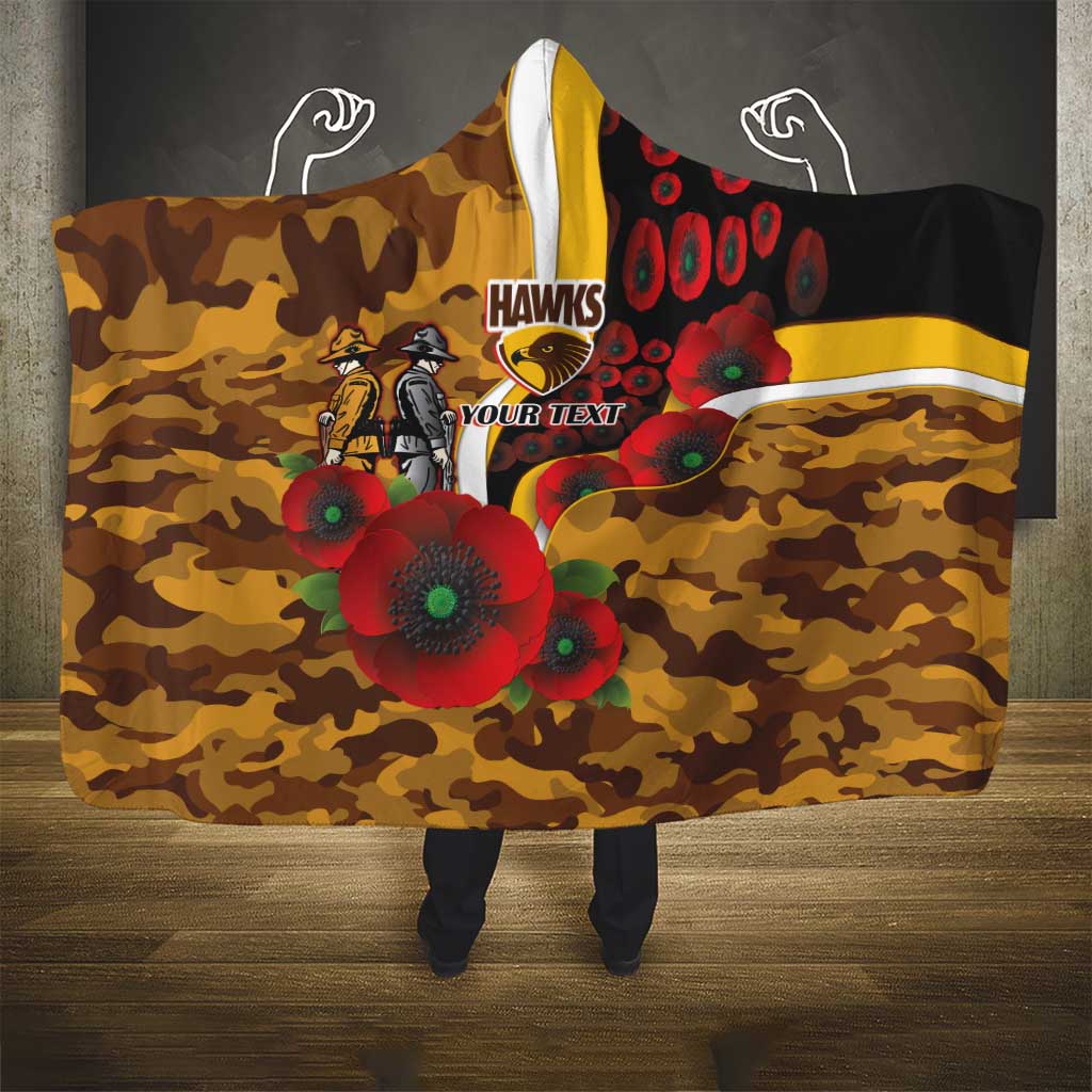 Hawthorn Hawks ANZAC Personalised Hooded Blanket Lest We Forget Poppy Camo