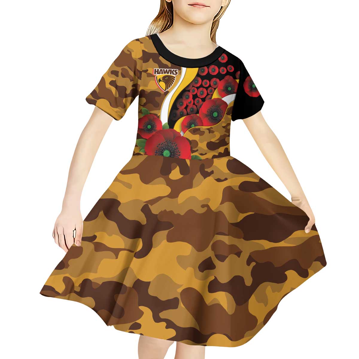 Hawthorn Hawks ANZAC Personalised Kid Short Sleeve Dress Lest We Forget Poppy Camo