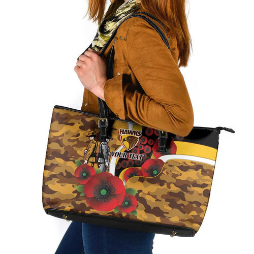 Hawthorn Hawks ANZAC Personalised Leather Tote Bag Lest We Forget Poppy Camo