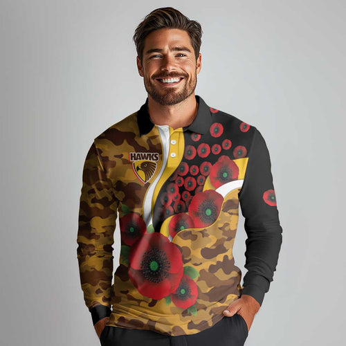 Hawthorn Hawks ANZAC Personalised Long Sleeve Polo Shirt Lest We Forget Poppy Camo
