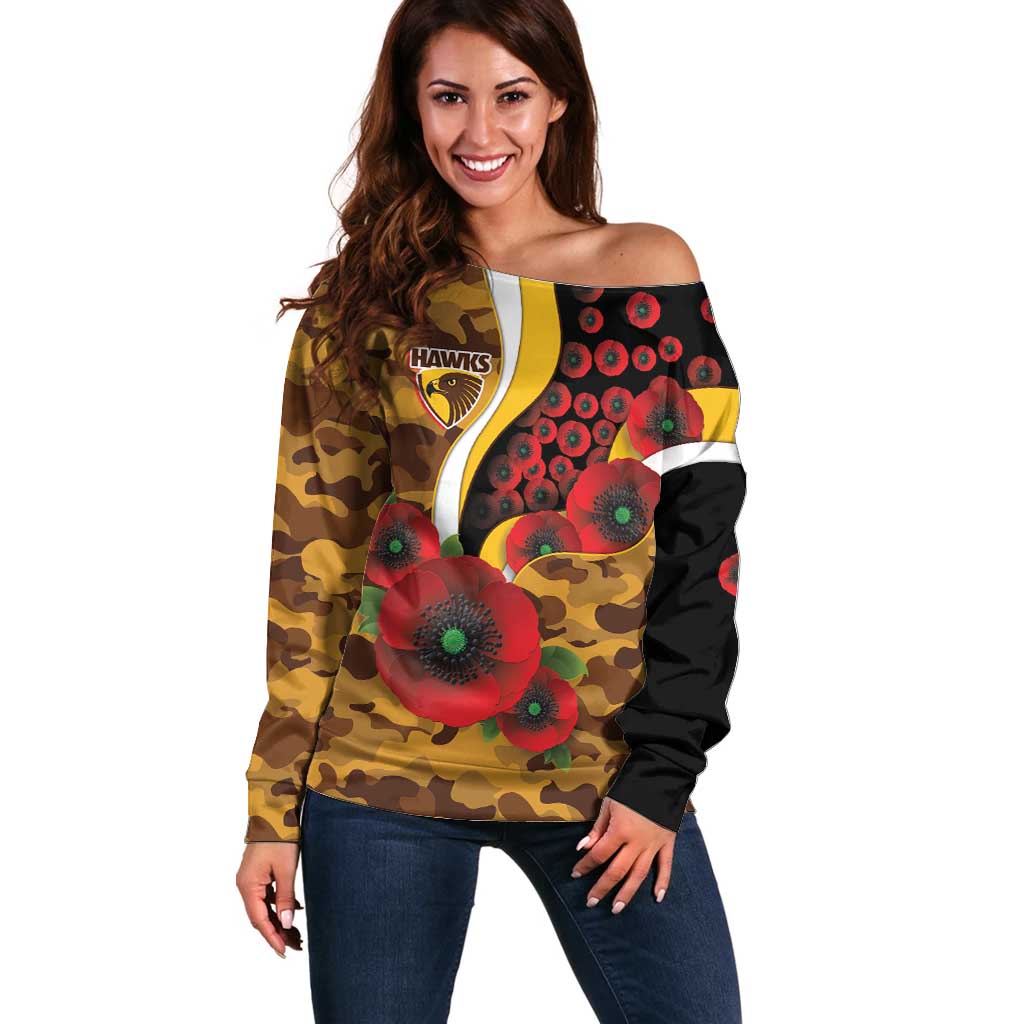 Hawthorn Hawks ANZAC Personalised Off Shoulder Sweater Lest We Forget Poppy Camo