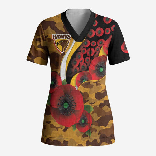 Hawthorn Hawks ANZAC Personalised Scrub Top Lest We Forget Poppy Camo