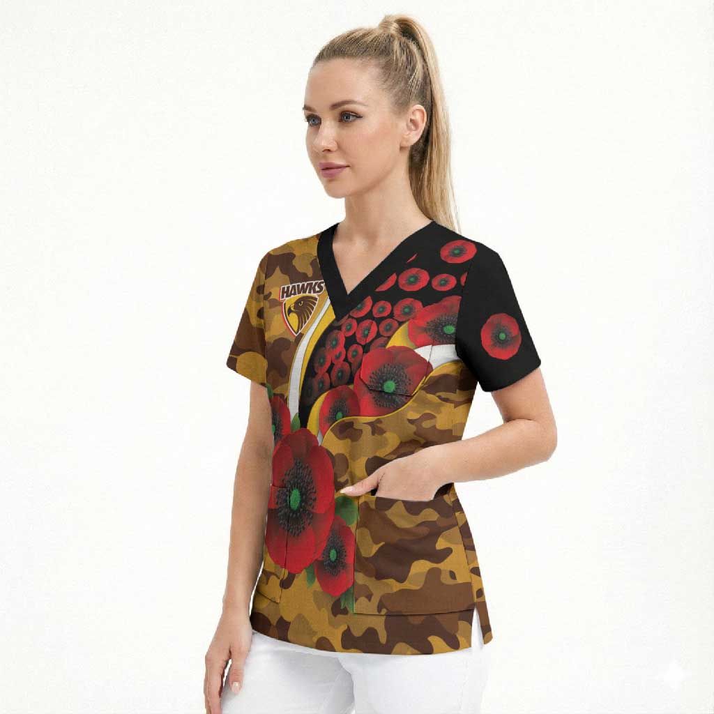 Hawthorn Hawks ANZAC Personalised Scrub Top Lest We Forget Poppy Camo