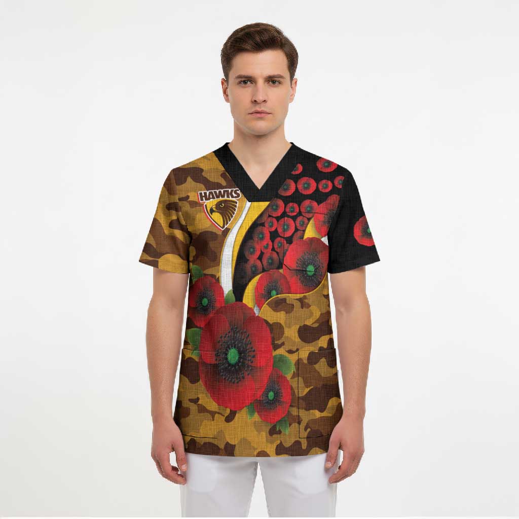 Hawthorn Hawks ANZAC Personalised Scrub Top Lest We Forget Poppy Camo