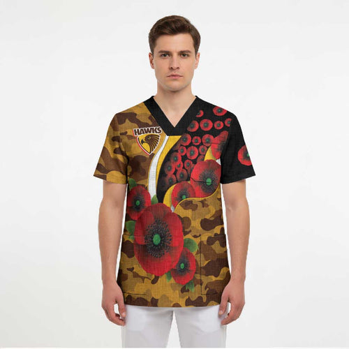 Hawthorn Hawks ANZAC Personalised Scrub Top Lest We Forget Poppy Camo