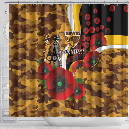 Hawthorn Hawks ANZAC Personalised Shower Curtain Lest We Forget Poppy Camo