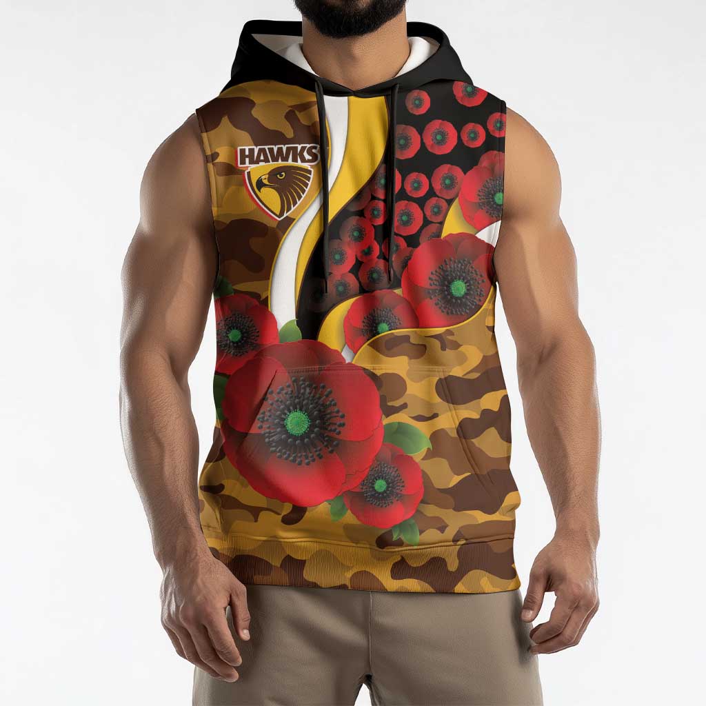 Hawthorn Hawks ANZAC Personalised Sleeveless Hoodie Lest We Forget Poppy Camo