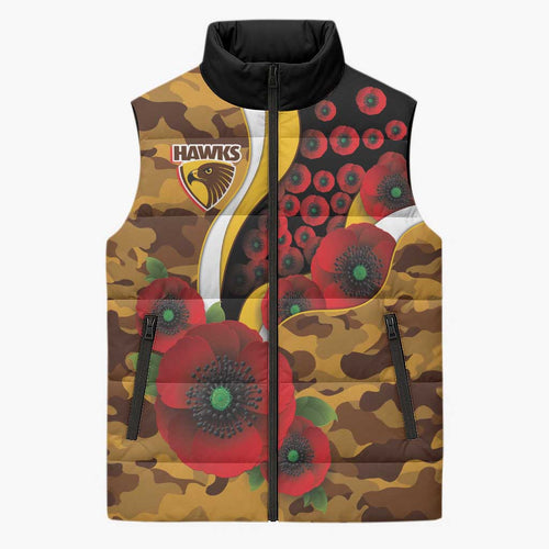 Hawthorn Hawks ANZAC Personalised Sleeveless Puffer Jacket Lest We Forget Poppy Camo