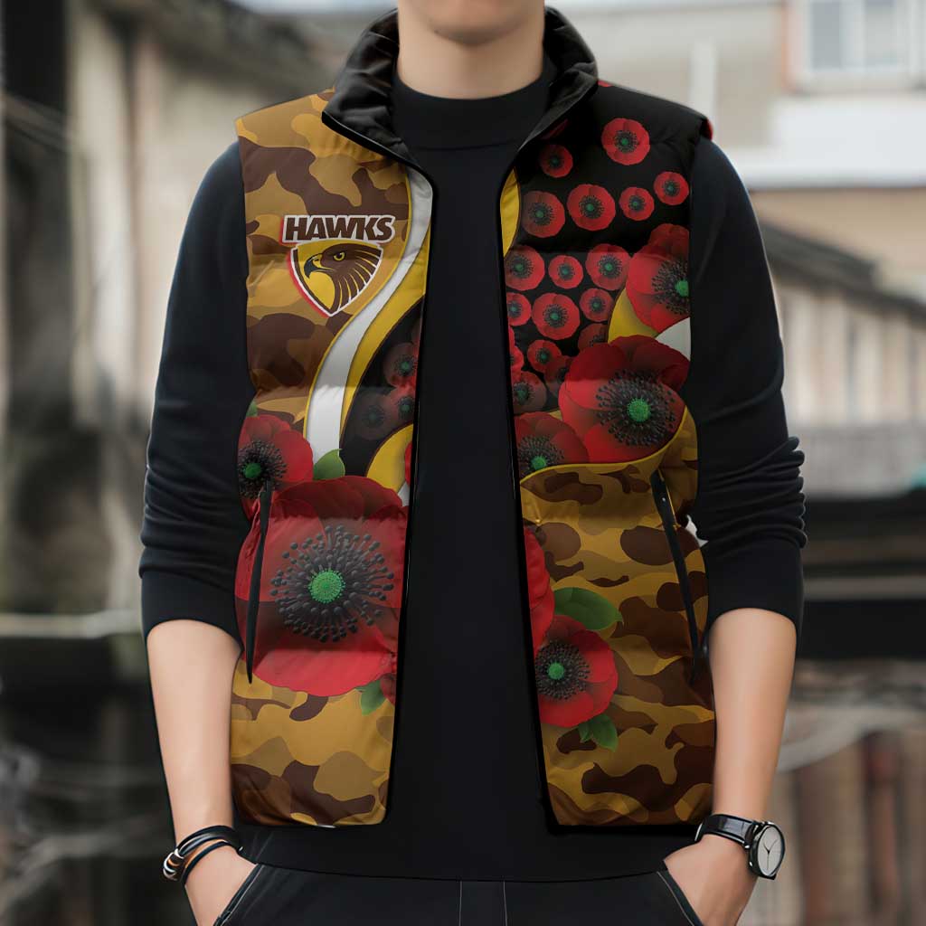 Hawthorn Hawks ANZAC Personalised Sleeveless Puffer Jacket Lest We Forget Poppy Camo