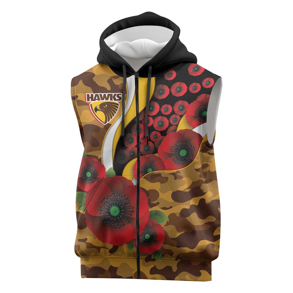Hawthorn Hawks ANZAC Personalised Sleeveless Zip Hoodie Lest We Forget Poppy Camo