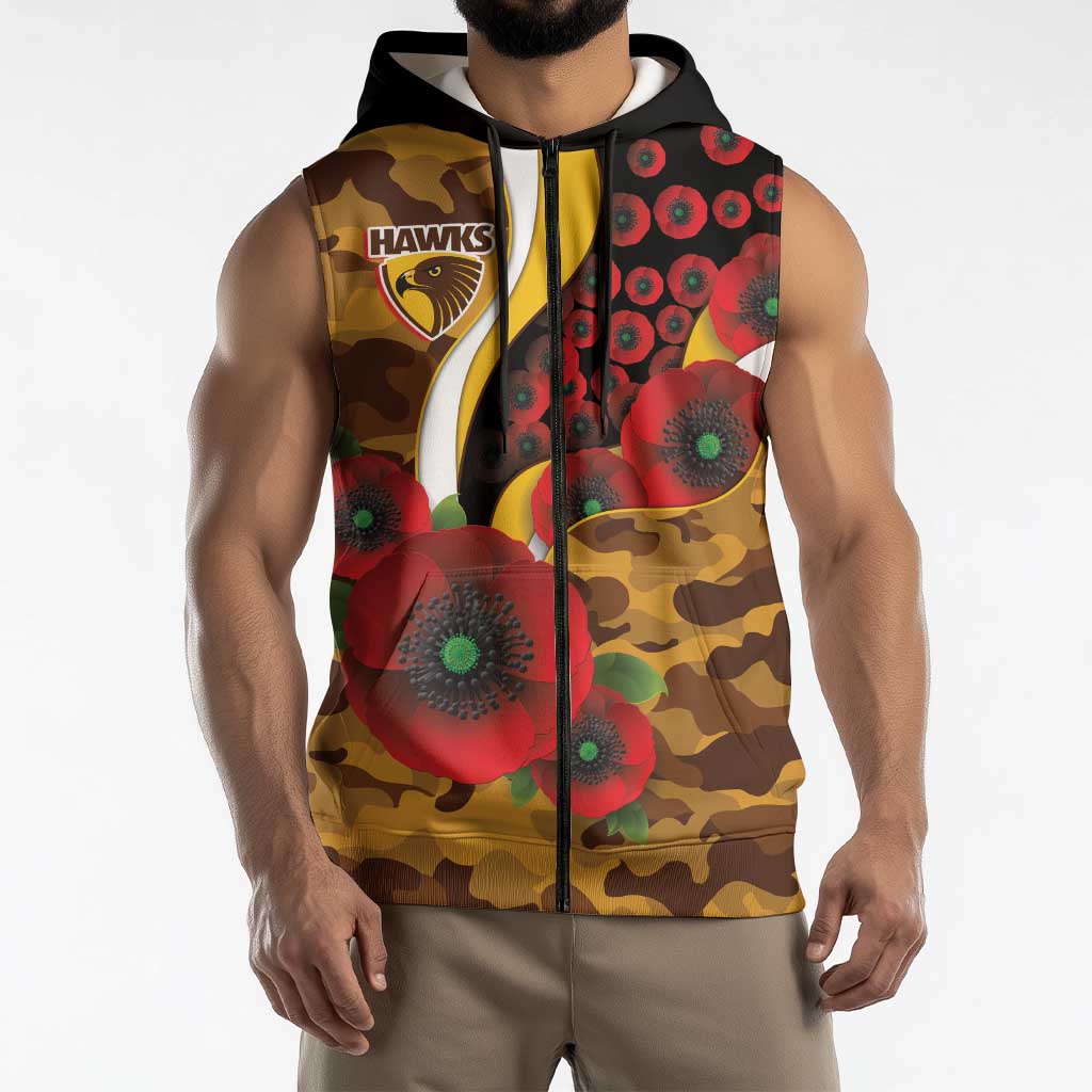 Hawthorn Hawks ANZAC Personalised Sleeveless Zip Hoodie Lest We Forget Poppy Camo