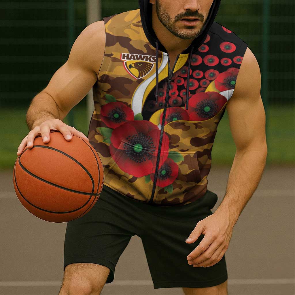 Hawthorn Hawks ANZAC Personalised Sleeveless Zip Hoodie Lest We Forget Poppy Camo
