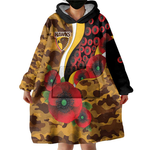 Hawthorn Hawks ANZAC Personalised Wearable Blanket Hoodie Lest We Forget Poppy Camo