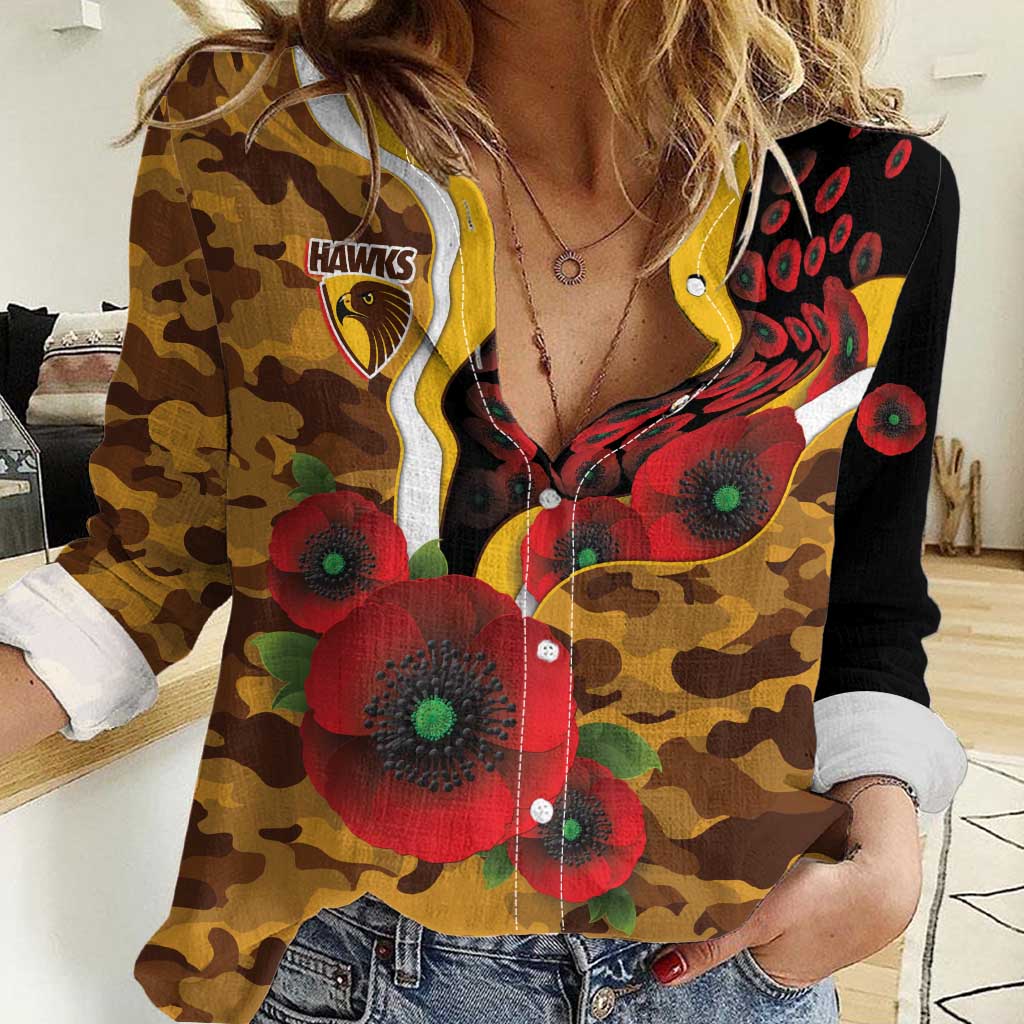 Hawthorn Hawks ANZAC Personalised Women Casual Shirt Lest We Forget Poppy Camo