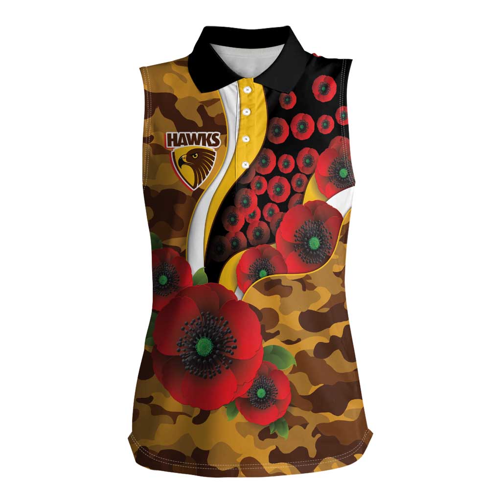 Hawthorn Hawks ANZAC Personalised Women Sleeveless Polo Shirt Lest We Forget Poppy Camo