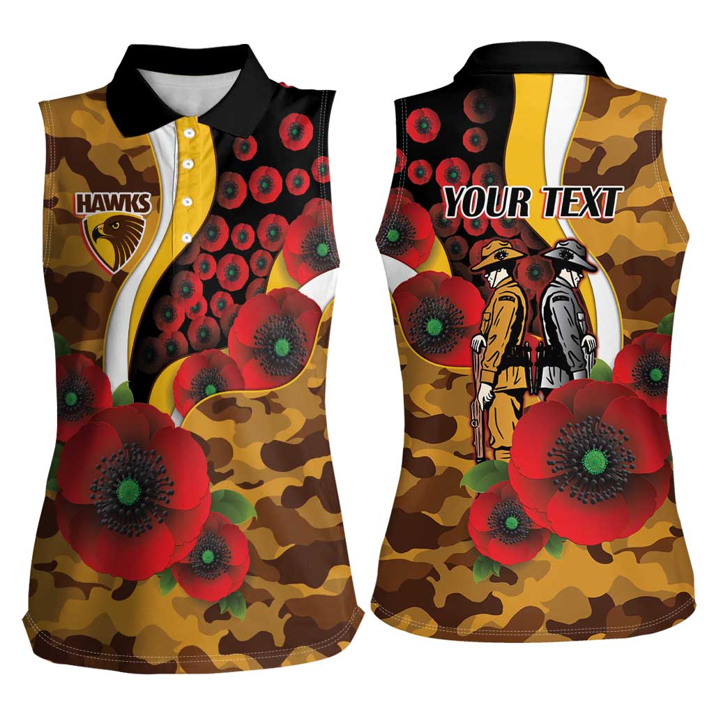 Hawthorn Hawks ANZAC Personalised Women Sleeveless Polo Shirt Lest We Forget Poppy Camo