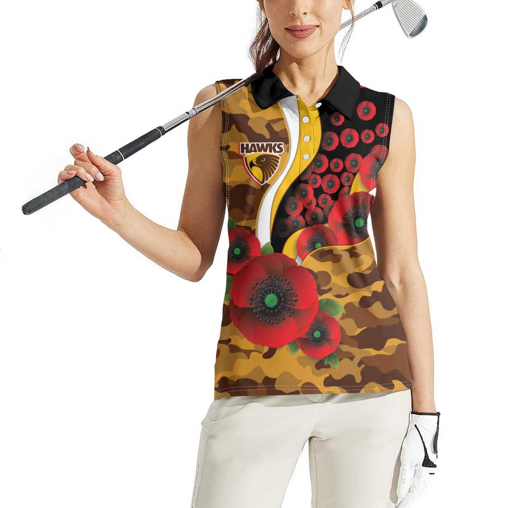 Hawthorn Hawks ANZAC Personalised Women Sleeveless Polo Shirt Lest We Forget Poppy Camo