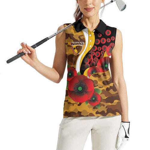 Hawthorn Hawks ANZAC Personalised Women Sleeveless Polo Shirt Lest We Forget Poppy Camo