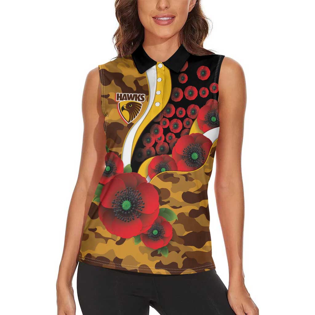 Hawthorn Hawks ANZAC Personalised Women Sleeveless Polo Shirt Lest We Forget Poppy Camo