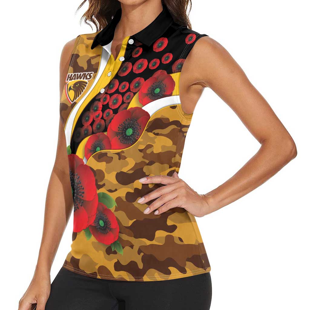 Hawthorn Hawks ANZAC Personalised Women Sleeveless Polo Shirt Lest We Forget Poppy Camo