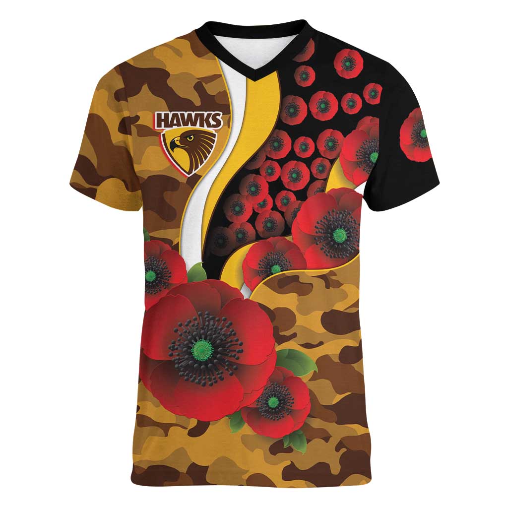 Hawthorn Hawks ANZAC Personalised Women V-Neck T-Shirt Lest We Forget Poppy Camo