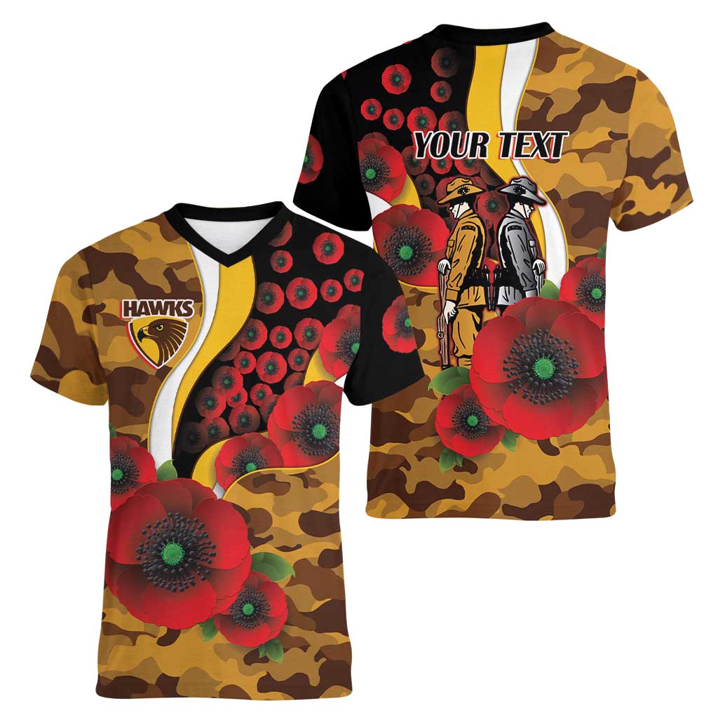 Hawthorn Hawks ANZAC Personalised Women V-Neck T-Shirt Lest We Forget Poppy Camo