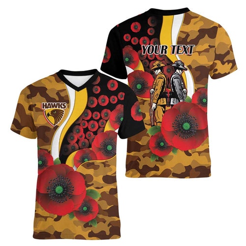 Hawthorn Hawks ANZAC Personalised Women V-Neck T-Shirt Lest We Forget Poppy Camo