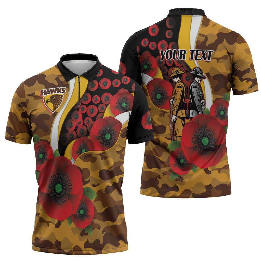 Hawthorn Hawks ANZAC Personalised Zipper Polo Shirt Lest We Forget Poppy Camo