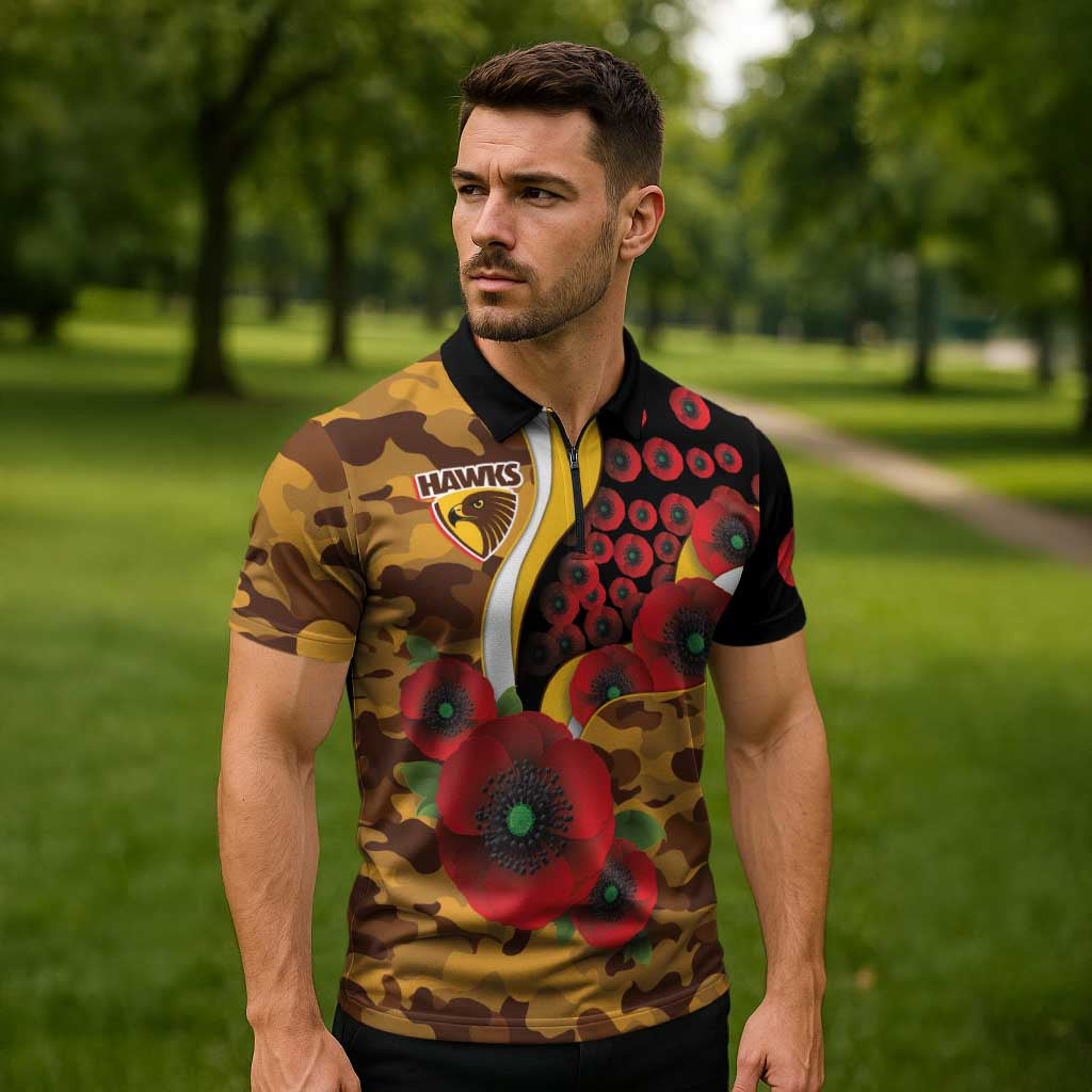 Hawthorn Hawks ANZAC Personalised Zipper Polo Shirt Lest We Forget Poppy Camo
