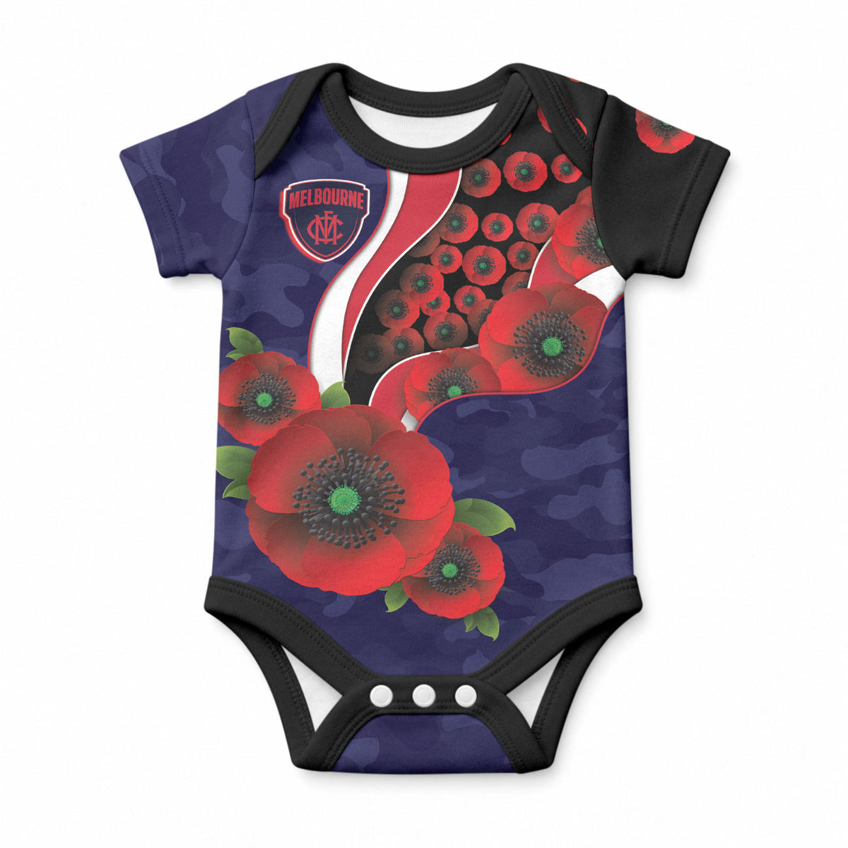 Melbourne Demons ANZAC Personalised Baby Onesie Lest We Forget Poppy Camo