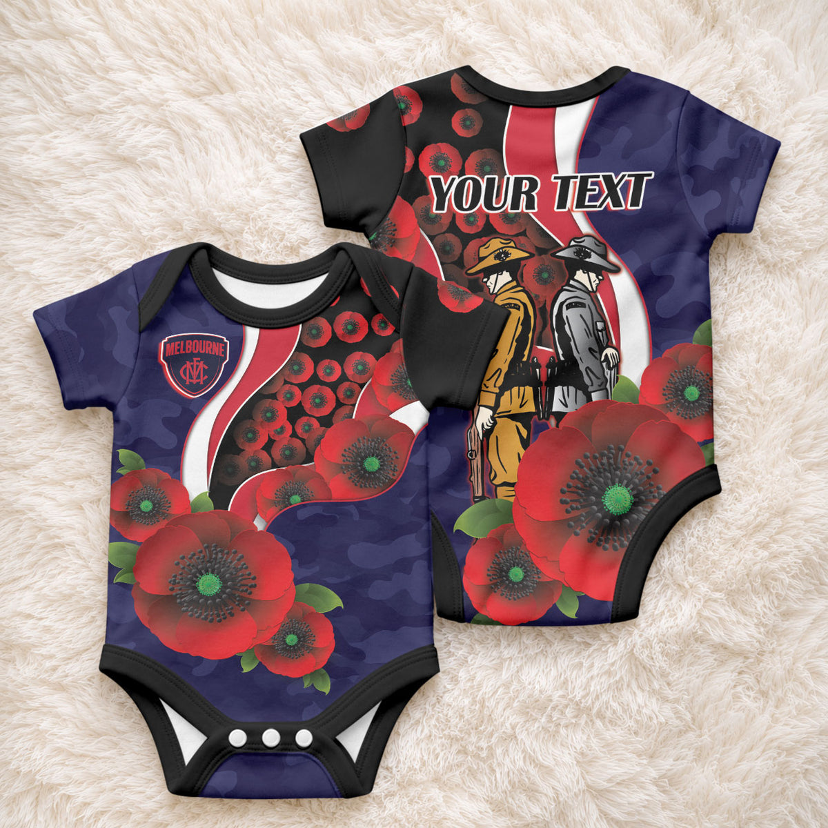 Melbourne Demons ANZAC Personalised Baby Onesie Lest We Forget Poppy Camo