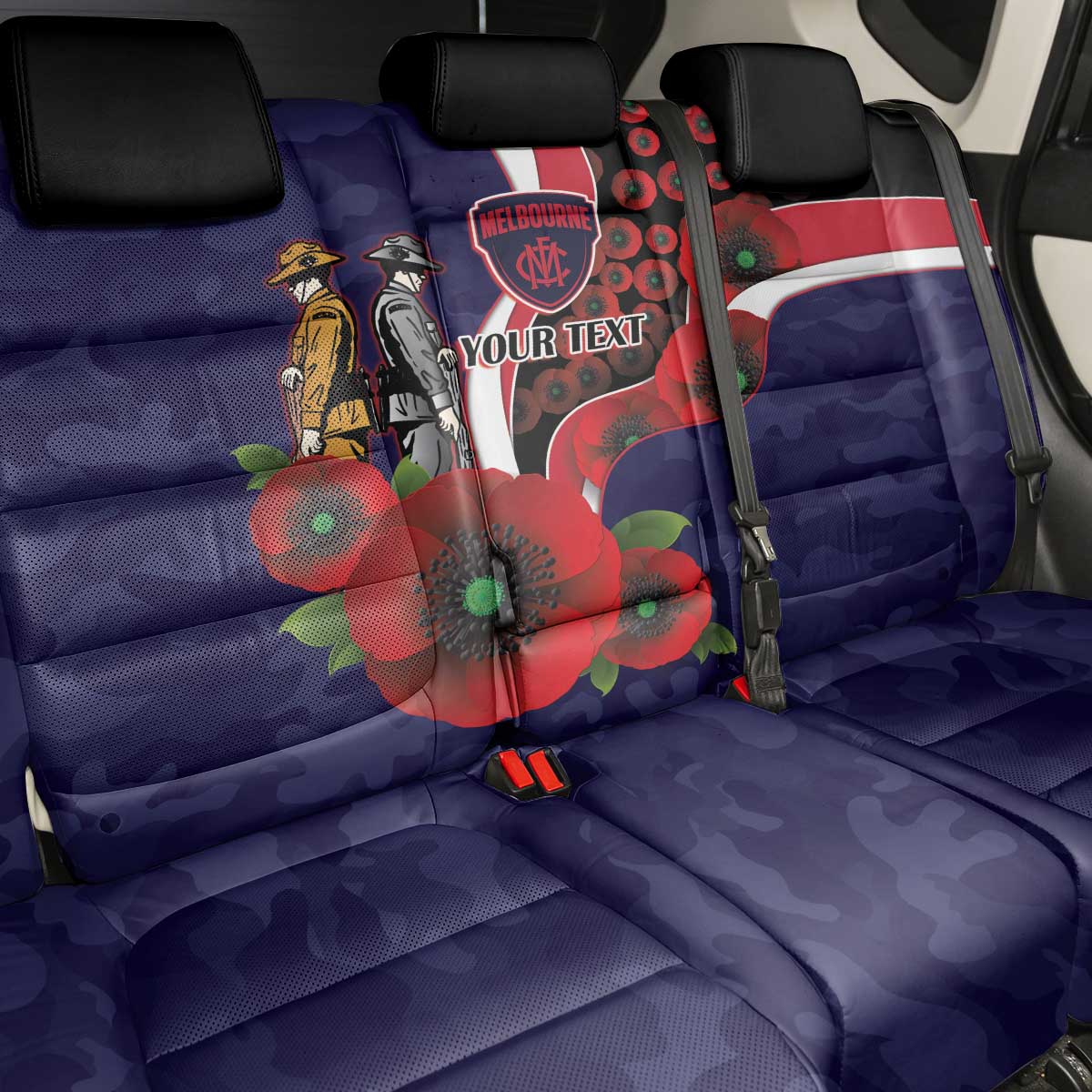 Melbourne Demons ANZAC Personalised Back Car Seat Cover Lest We Forget Poppy Camo